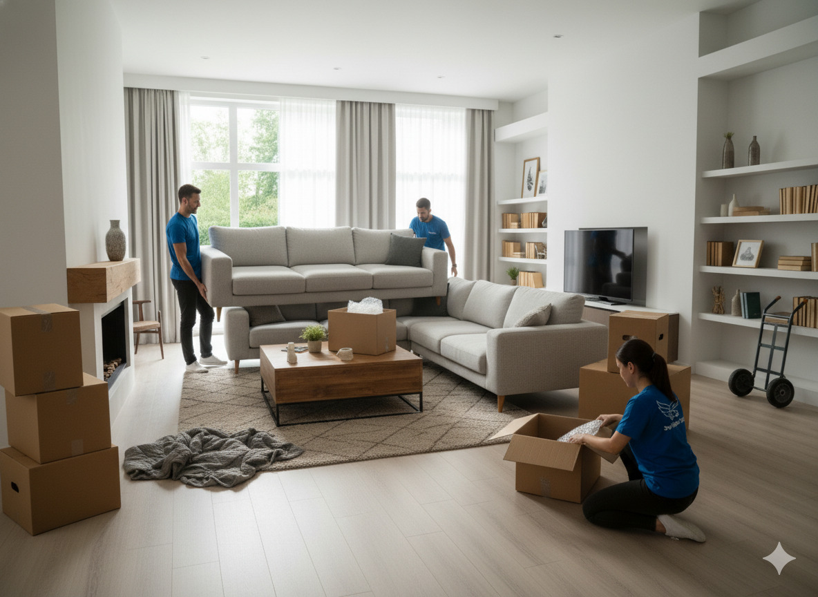 Movers carrying furniture