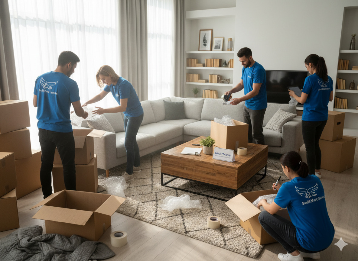Team packing boxes in a living room